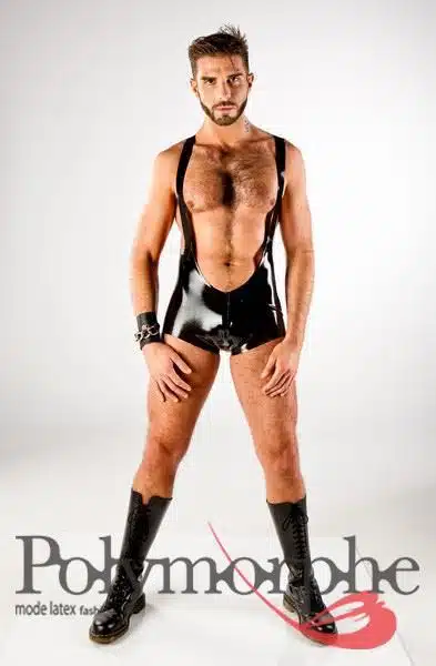 Latex Shorts With Shoulder Straps and Open Butt - Image 2