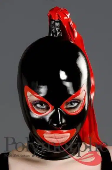 Latex Hood With Shaped Eyes and Mouth and Colored Accents With Latex Ponytail