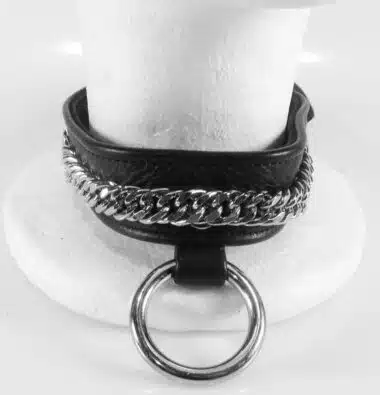 Black Leather Collar with Attached Chain, O-ring and Locking Buckle