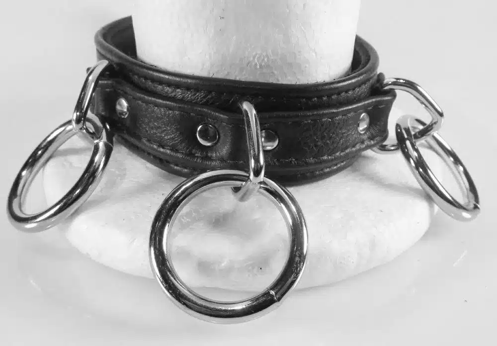 Black Leather Collar with 3 O-rings and Locking Buckle
