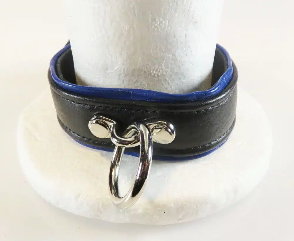 Black Leather Collar with Colored Piping, One O-ring and Locking Buckle - Image 3