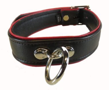 Black Leather Collar with Colored Piping, One O-ring and Locking Buckle