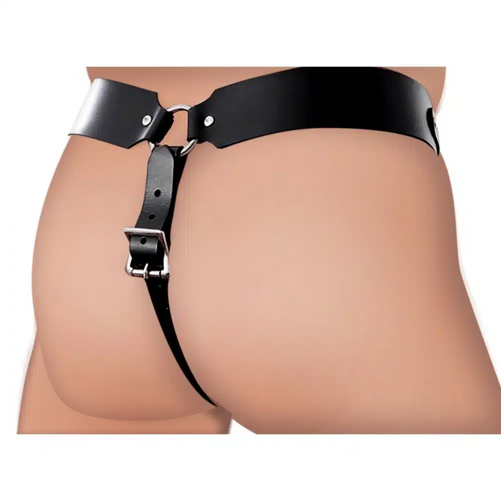 The Safety Net Leather Male Chastity Belt with Anal Plug Harness - Image 4