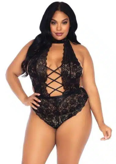 Floral Lace Crotchless Teddy, Plus Size