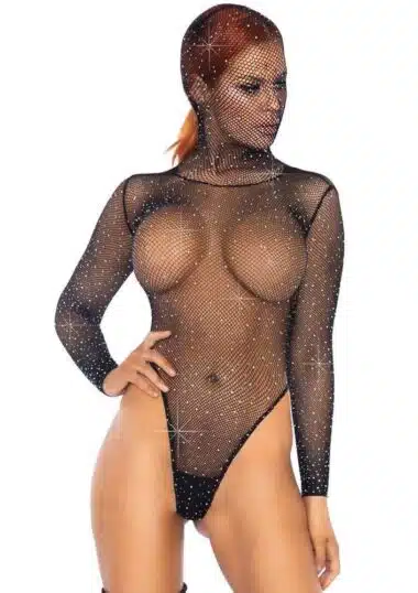 Rhinestone Hooded Fishnet Teddy