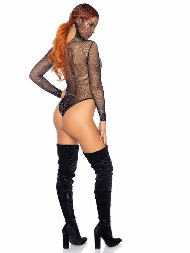 Rhinestone Hooded Fishnet Teddy - Image 5