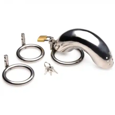 Locking Stainless Steel Chastity Cage with 3 Rings - Image 5