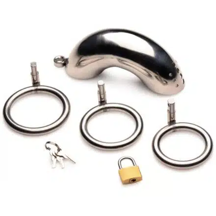 Locking Stainless Steel Chastity Cage with 3 Rings - Image 6